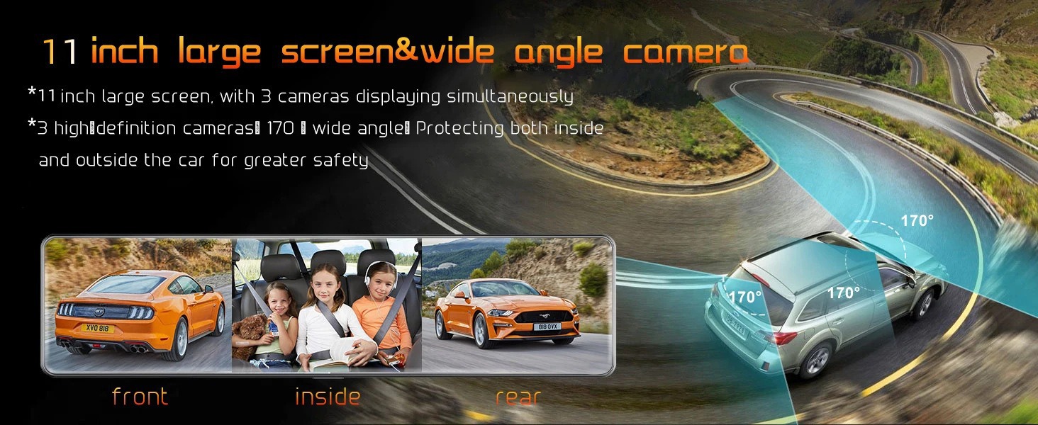 New 11inch HD 4K Bluetooth Wireless Carplay/Android Auto Dual-Lens Dash Cam with WiFi