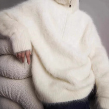 跨境大翻领毛衫上衣外穿女秋冬加厚时髦感仿貂绒半拉链毛衣外套女