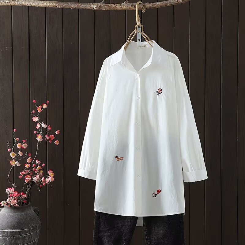 Spring Japanese Mori Women Cartoon Embroidered Balloon Long Women's White Shirt Cardigan Women's Top Wholesale Tide