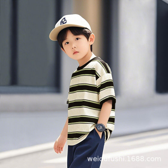 Boys' Striped Short-sleeved 2025 New Summer Dress Large Children's Solid Color All-match Half-sleeved T-shirt in stock Trendy T-shirt
