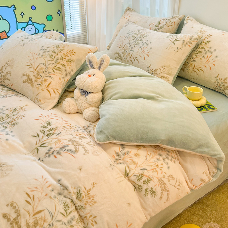 Juego de cuatro piezas de lana de leche gruesa de invierno 2024 nuevo juego de sábanas de tres piezas de lana de coral de doble cara más terciopelo