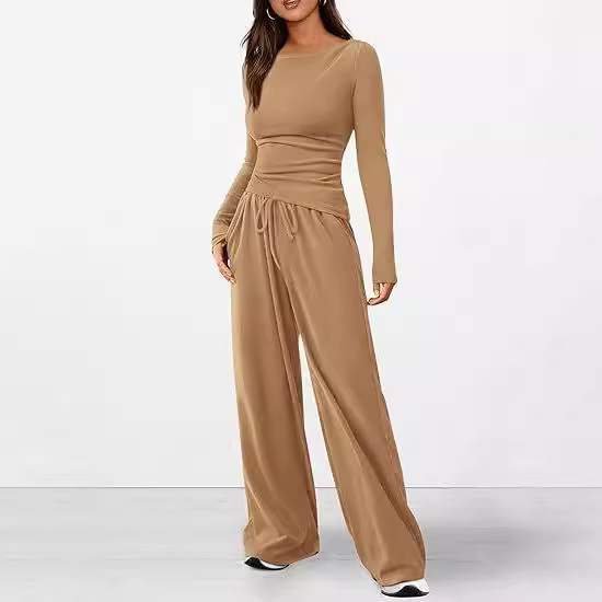 tuta autunnale asimmetrica manica lunga maglietta pantaloni gamba larga abbigliamento sportivo casual_voghion.com