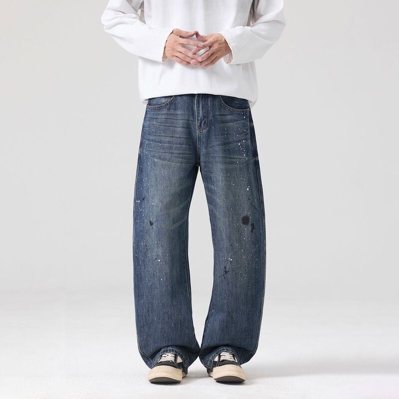 Shanggu Men's American Retro Splatter-Effect Wide-Leg Jeans, Washed and Distressed, Loose-Fit, Drapey Denim Pants