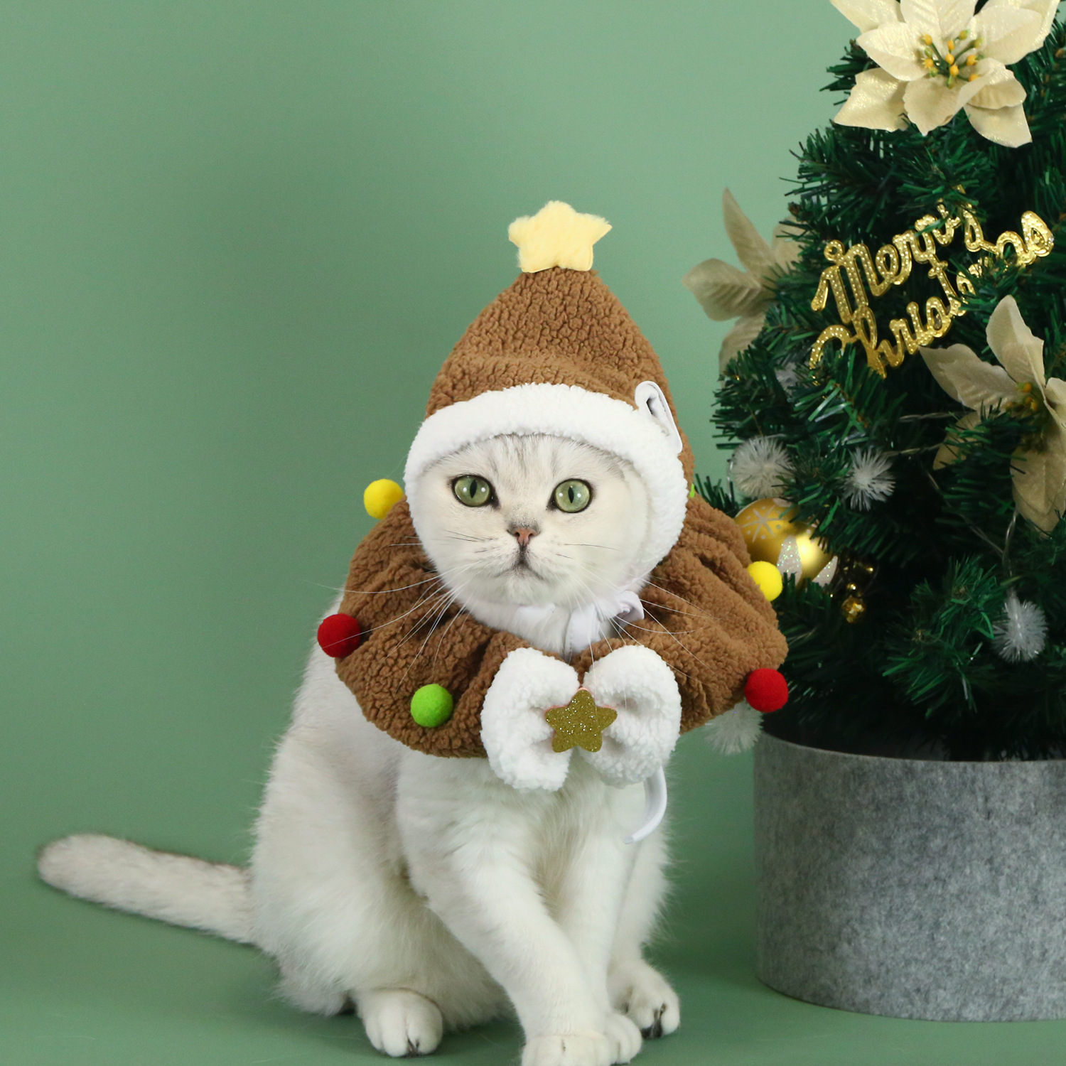 2025 Pet Christmas Set felpa estrella de cinco puntas gato cachorro lazo babero sombrero capucha cálido comercio exterior