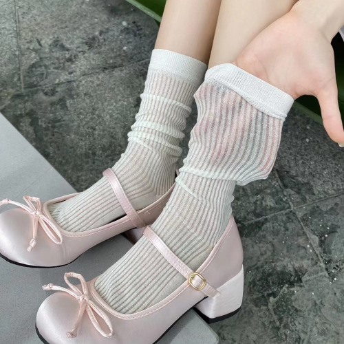 Miu-style grey vertical stripes slimming JK two-way wear calf socks for women summer pilling socks thin hollow mesh breathable