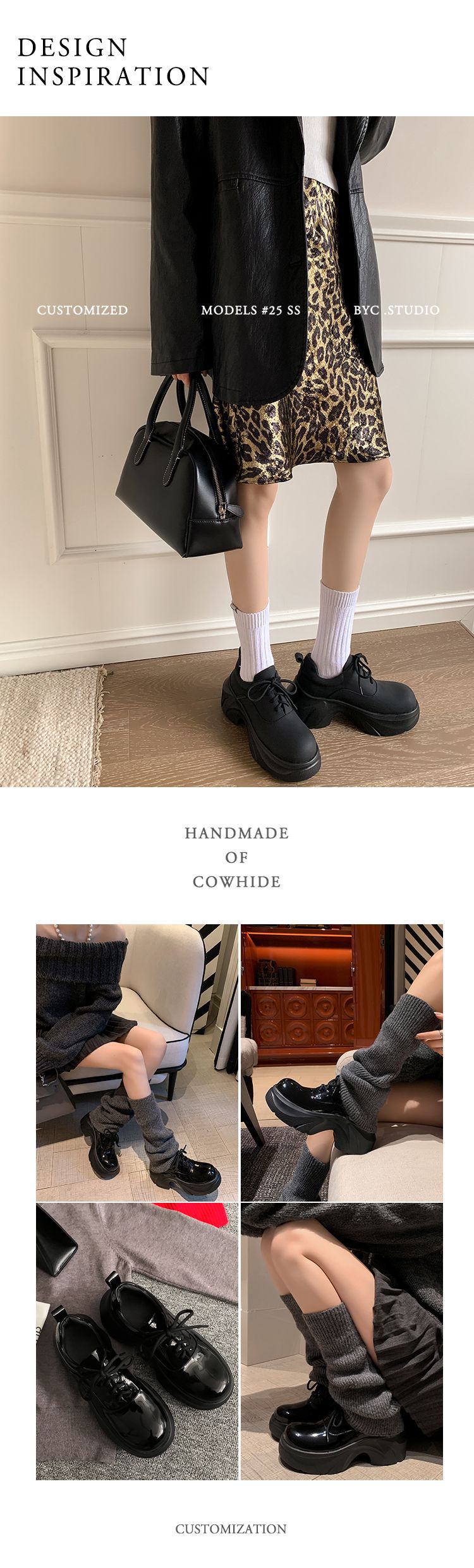 Giày lười nữ đế xuồng Yichuan tăng chiều cao 9 cm, phong cách platform mũi to — đen (da sáng chế), Màu đen (da bò mờ) chi tiết 9