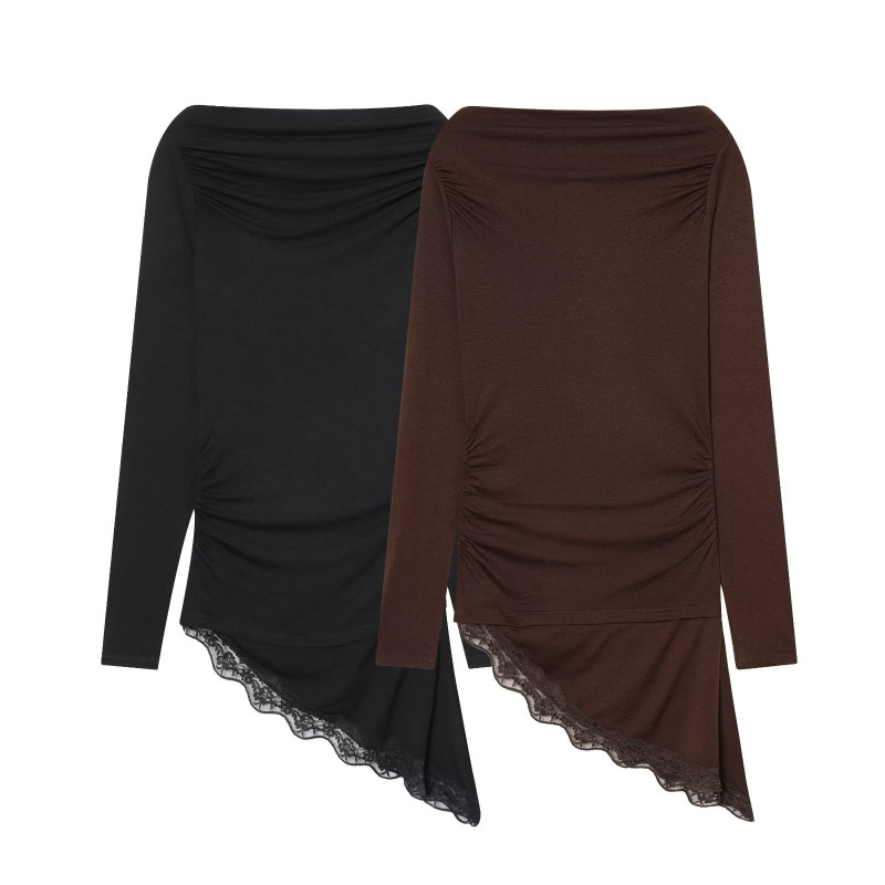 Wholesale 2025 Winter New Women's Fashion Versatile Boat Neck Asymmetrical Lace T-Shirt Rr6-12361