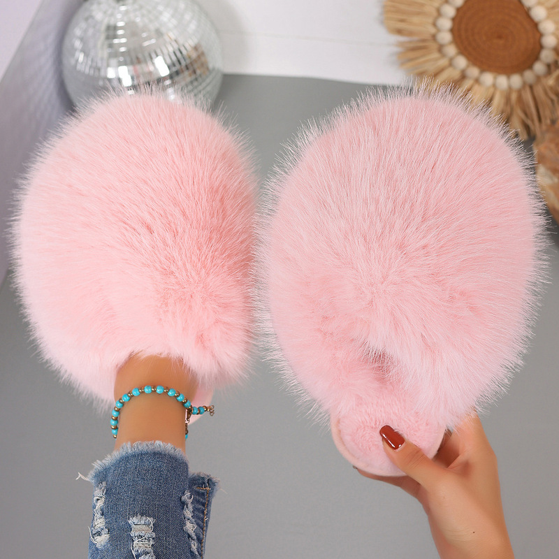 Fluffy Fur Slippers for Women, Autumn and Winter Fashion, Multi-Color Export Large Size, New Flats-Bottomed Toe-Cap Warm Cotton Slippers