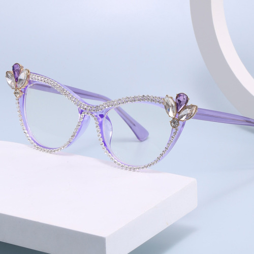 Cat Eye Blue Light Blocking Glasses Frame Cross-border Exclusive Hand-set Diamond Plain Glasses European and American Personality Trend Selfie Decorative Glasses