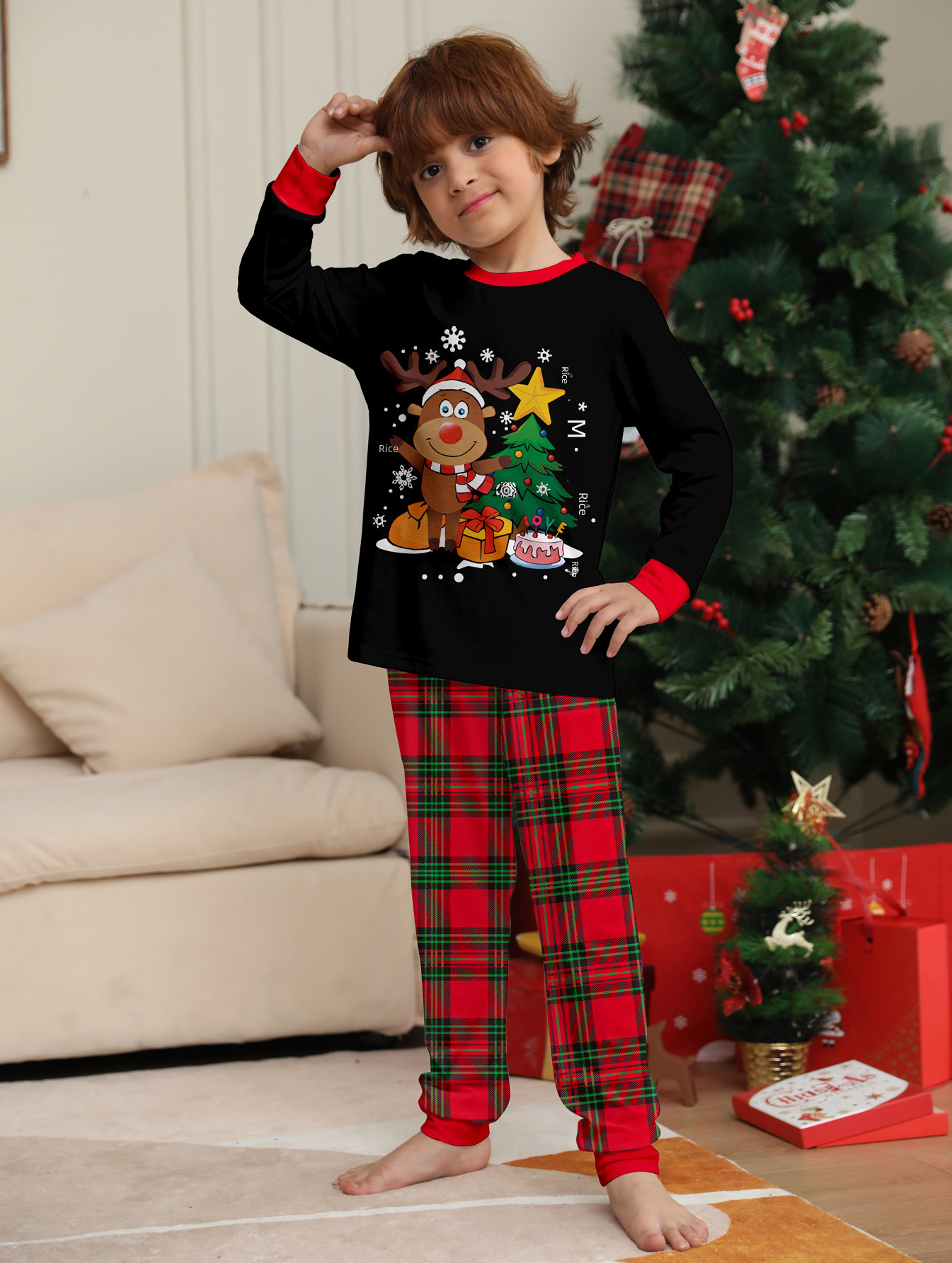 Amazon AliExpress 2024 Christmas cartoon elk letter Christmas tree printing parent-child Christmas suit pajamas