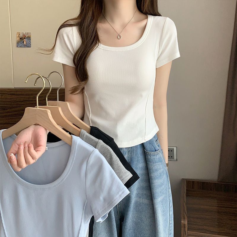 여성용 화이트 오른쪽 어깨 반팔 티셔츠 여름 2025 새로운 insU 칼라 슬림 피트 쇼트 탑 보텀 셔츠 트렌디