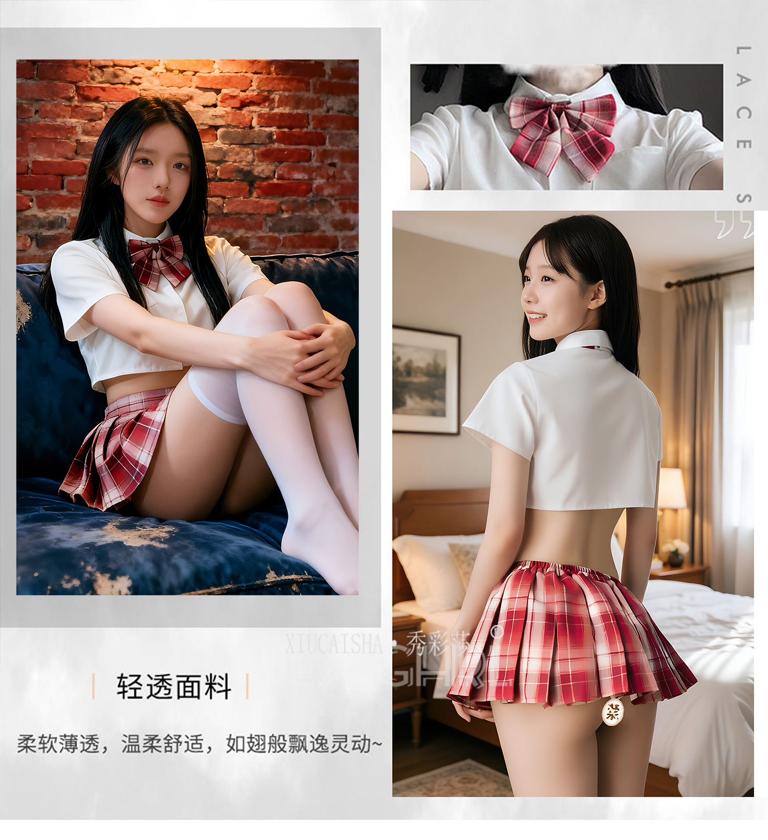 Student-Style Roleplay Lingerie Set with Plaid Skirt, Top, Bow Tie, Thong and Stockings — detail image 20