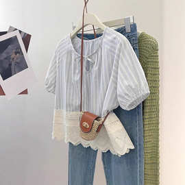 胖MM300斤超大码条纹蕾丝刺绣短袖衬衫女夏泡泡袖娃娃衫宽松上衣