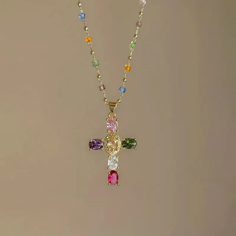 Cross-Border Colorful Cross Contrasting Crystal Necklace for Women with Unique Design, Trendy and Dazzling Zircon Clavicle Chain