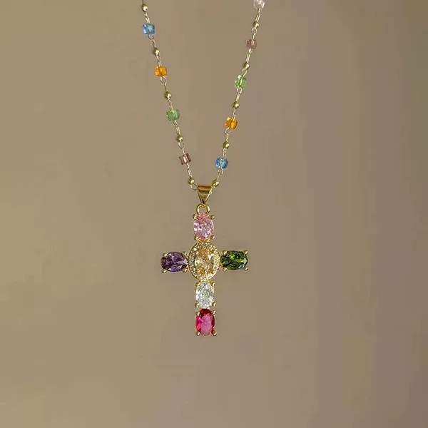 Cross-Border Colorful Cross Contrasting Crystal Necklace for Women with Unique Design, Trendy and Dazzling Zircon Clavicle Chain