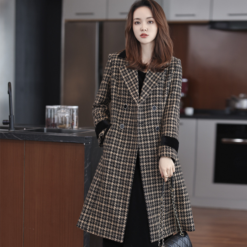 White Plaid Suit Jacket for Women Korean Style Slim Mid-Length Over-The-Knee Windbreaker Jacket for Women Autumn and Winter Business Wear Coat