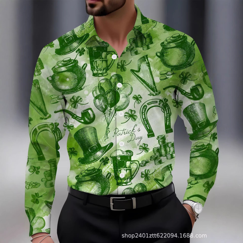 European and American Cross-Border Amazon St. Patrick's Day Men's Lapel Clover Digital Print Long-Sleeved Shirt