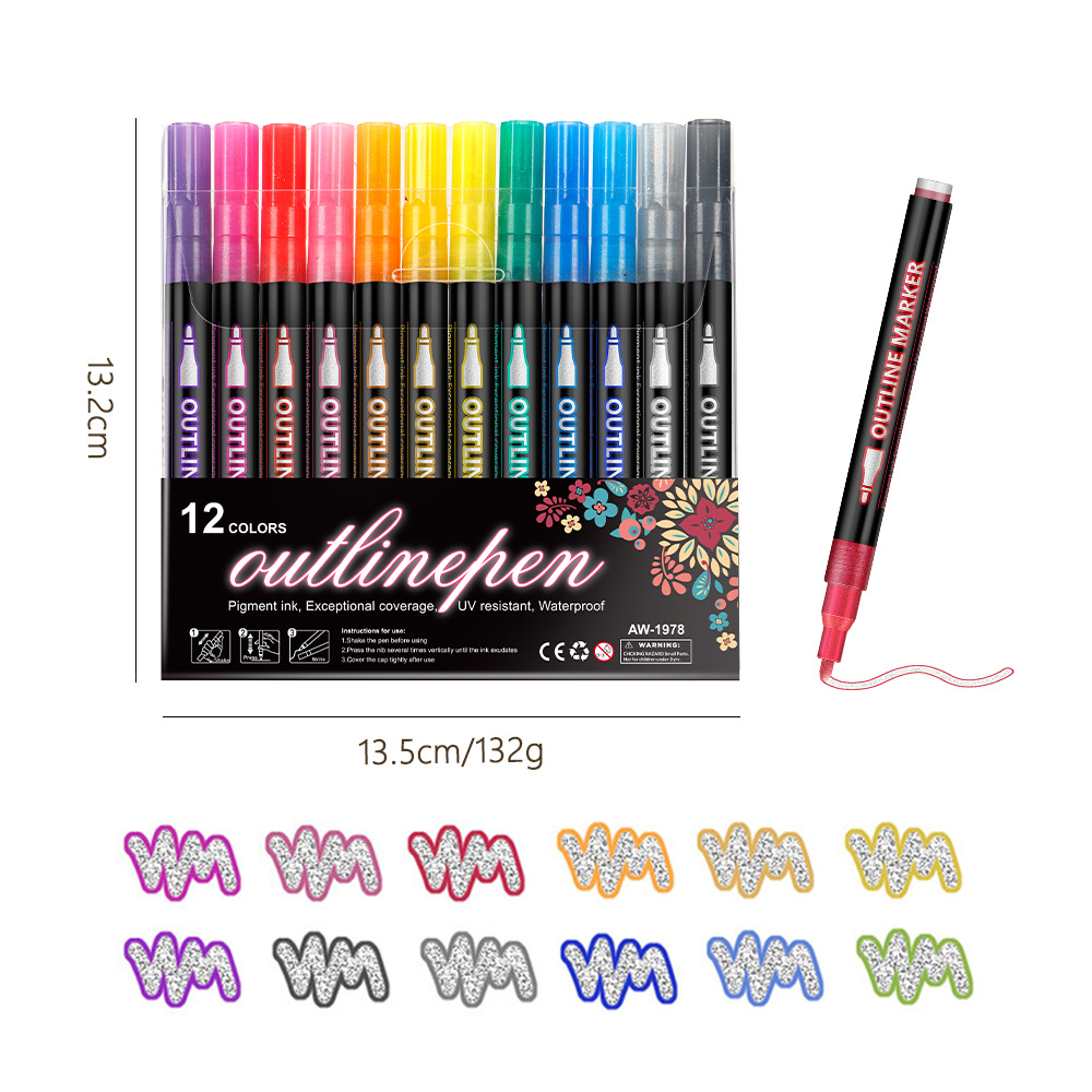 Bolígrafo de contorno de doble línea de estudiantes de Navidad tarjetas de felicitación bolígrafo flash 12 color conjunto de bolígrafo de doble color bolígrafo de color pincel de papel