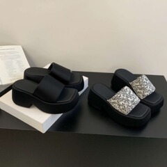 163-36~2024年夏季新款方頭露趾法式松糕厚底高跟涼拖鞋女外穿