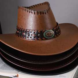 西部牛仔帽男PU皮帽子复古骑士礼帽女户外遮阳防晒太阳帽大檐草帽