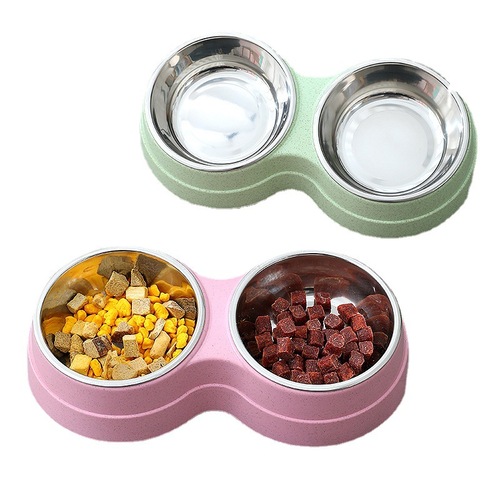 Manufacturer Wholesale Havo Wheat Straw Round 2-in-1 Pet Double Bowl Stainless Steel Bowl Pet Supplies Dog Bowl