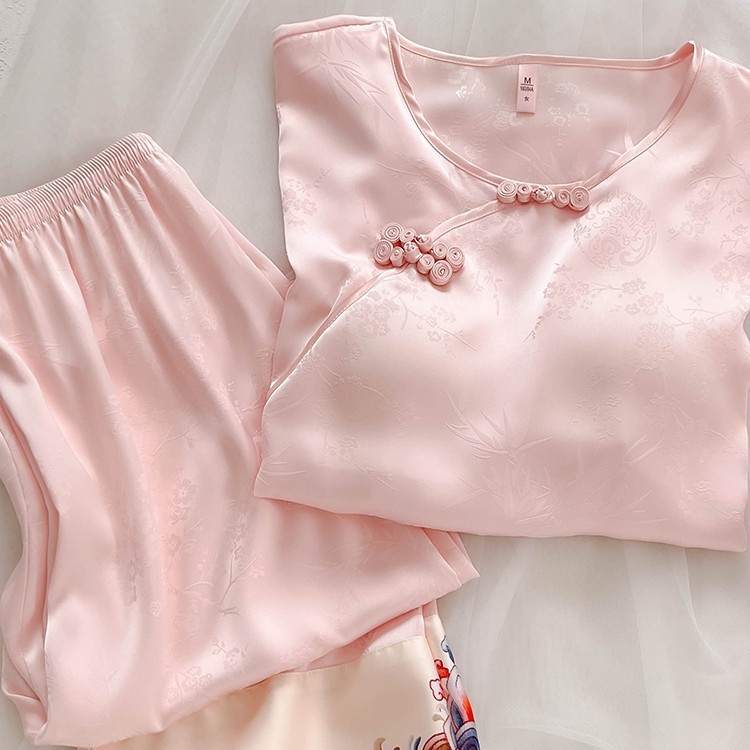 新中式国风真丝睡衣女春秋款长短袖桑蚕丝家居服套装带胸垫夏|undefined