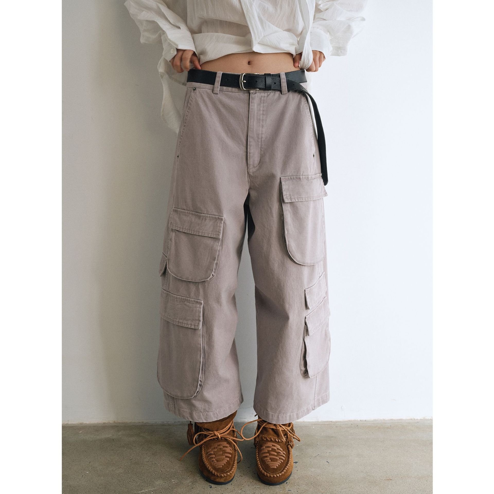 [识时]新品纯棉水洗磨毛不规则多口袋工装裤休闲低腰九分裤V9633