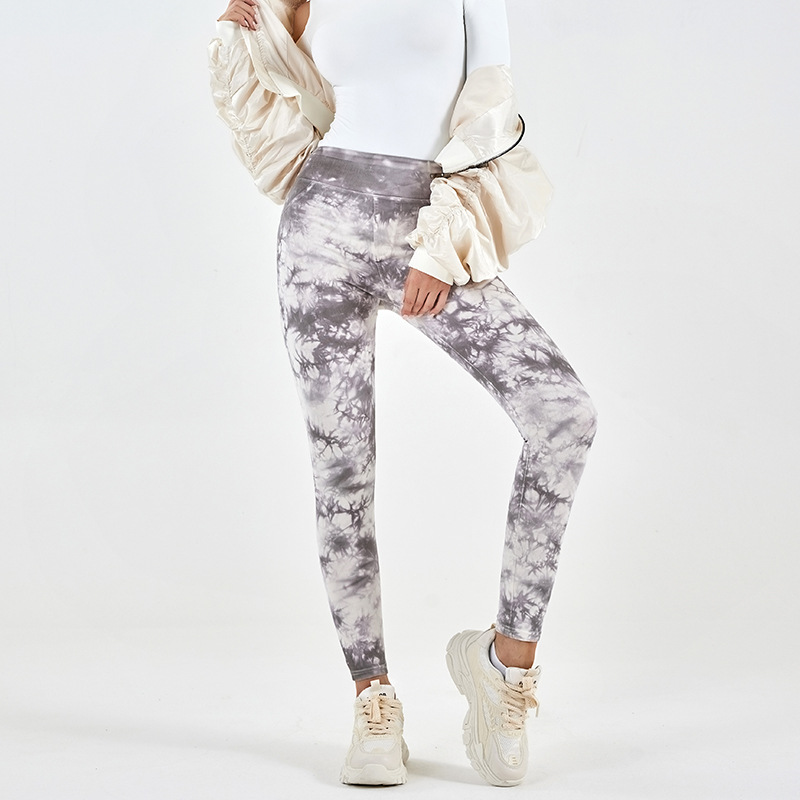 Pantalones de fitness de mezclilla teñidos de cintura alta transfronterizos nuevos pantalones de fitness de cintura alta elásticos de las mujeres que adelgazan la cadera apretados yoga deportes pantalones Casuales