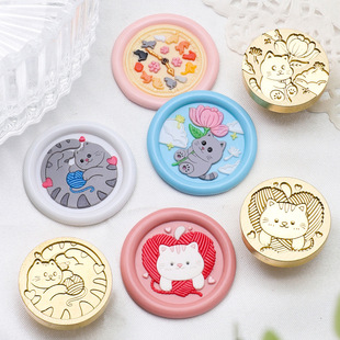 Cat Series New Product Fire Paint Seal Head Cute Fortune Cat Handbook Fire Paint Copper Head Brass Engraving Wholesale