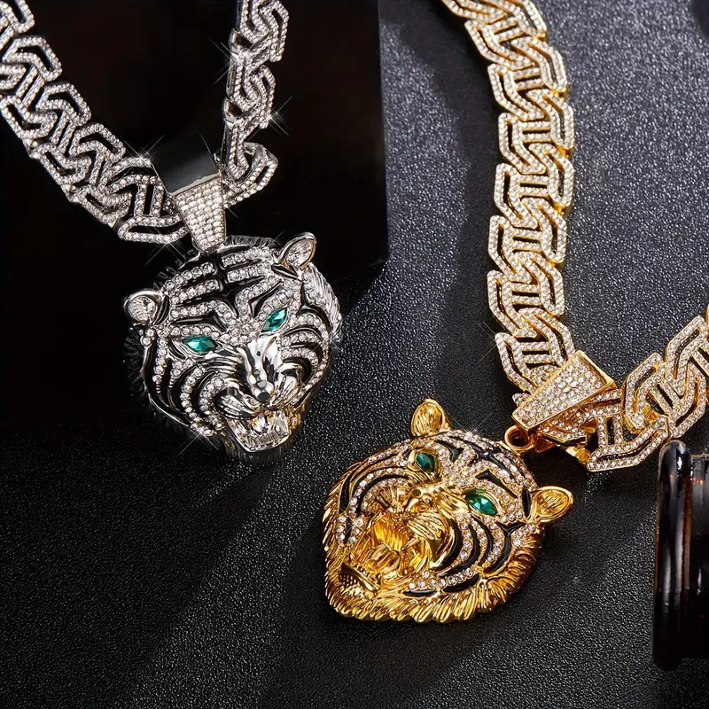 Cross-Border Popular Men's High-End Fashion Trend Cuban Chain Hip-Hop Street Style Tiger Head Diamond-Encrusted Large Pendant Alloy