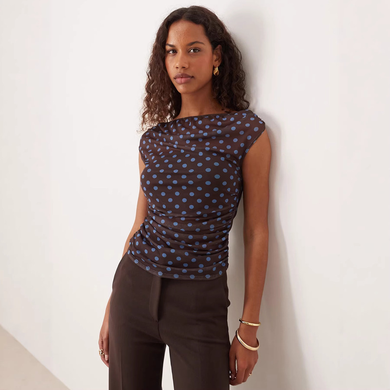 European and American Cross-Border Trade Hot-Selling Polka Dot Pleated Sheer Short-Sleeve T-Shirt Top for Women, Waist-Cinching Slim-Fit Short Style Women's Clothing European and American Cross-Border Trade Hot-Selling Polka Dot Pleated Sheer Short-Sleeve T-Shirt Top for Women, Waist-Cinching Slim-Fit Short Style Women's Clothing