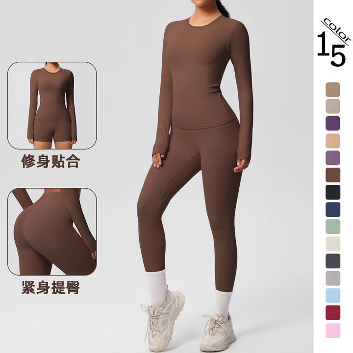 Inventario transfronterizo de doble cara abrasiva de color sólido entrenamiento ajustado manga larga yoga conjunto de ejercicio ejercicio ejercicio ejercicio dos piezas conjunto