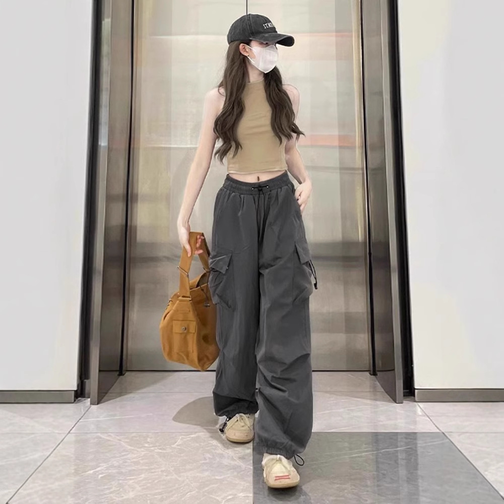 다크 그레이 얇은 빠른 건조 바지 바지 여성용 초가을 짧은 하이 허리 낙하산 바지 미국 스트레이트 팬츠