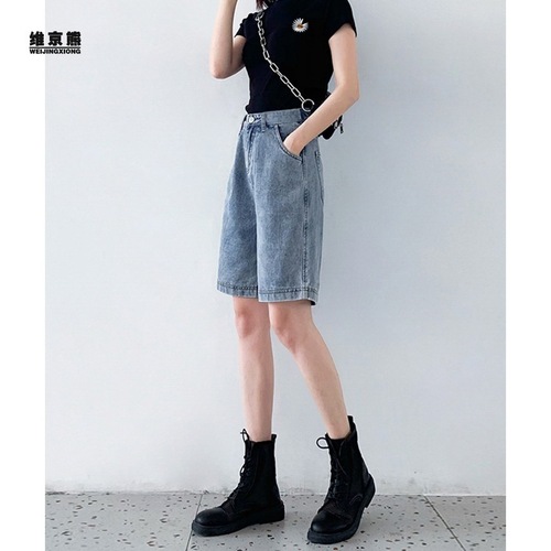 High-waisted denim shorts for women 2022 new summer thin straight-leg five-point pants loose slimming wide-leg five-point mid-pants