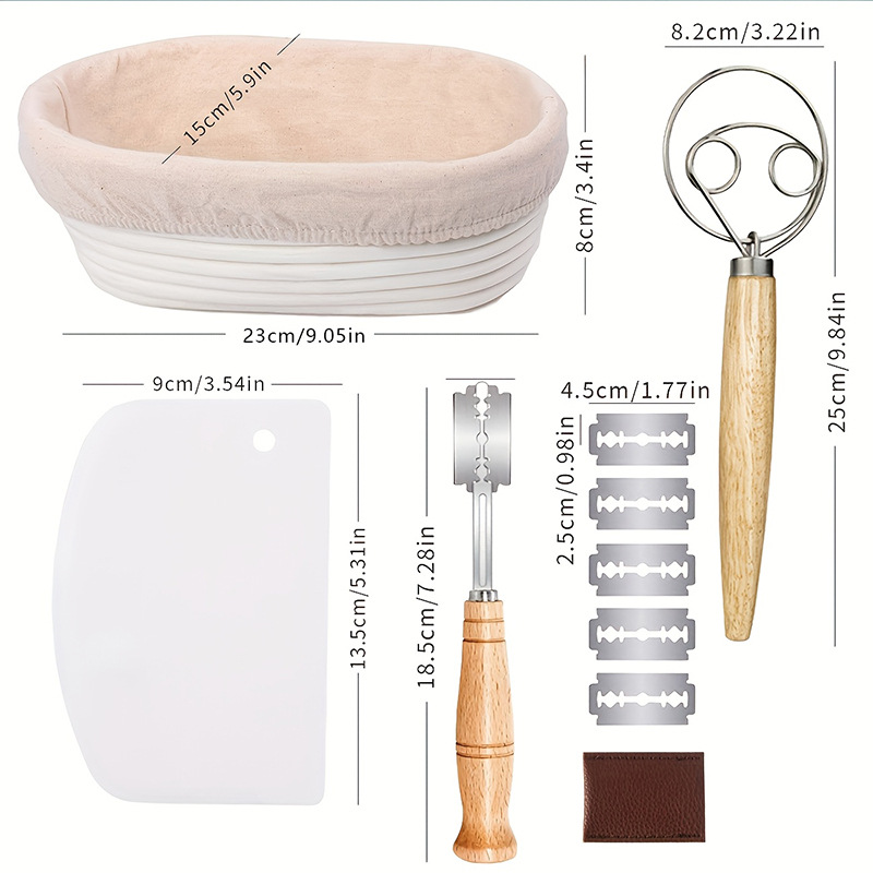 Juego de herramientas para hornear de estilo europeo, canasta de fermentación de masa, harina, batidor de polvo de acero inoxidable, juego de 12 piezas para hornear con raspador
