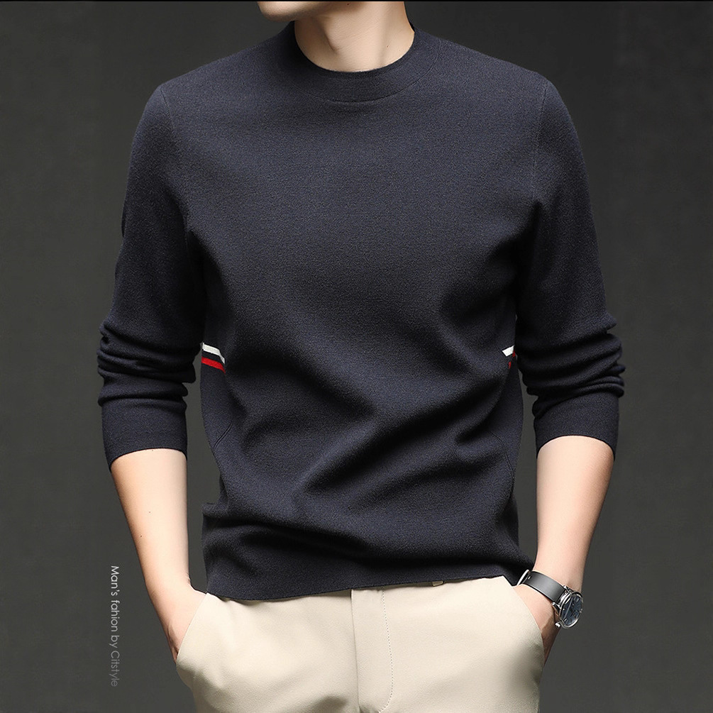 Otoño y invierno chaqueta de hombre de punto de color sólido de manga larga de cuello medio alto suéter casual camiseta base con suéter cálido