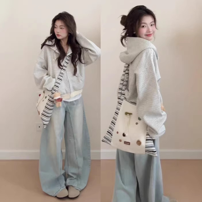 Early Spring Retro Striped Cardigan Hooded Zip-Up Sweatshirt for Women, Autumn and Winter Long-Sleeve Jacket, Very Stylish Early Spring Outfit
