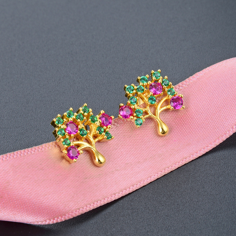 S925 plata esterlina color diamante color árbol pendientes de aretes de lujo ligero retrógrado francés femenino oro nicho de diseño sensación de joyas de orejas