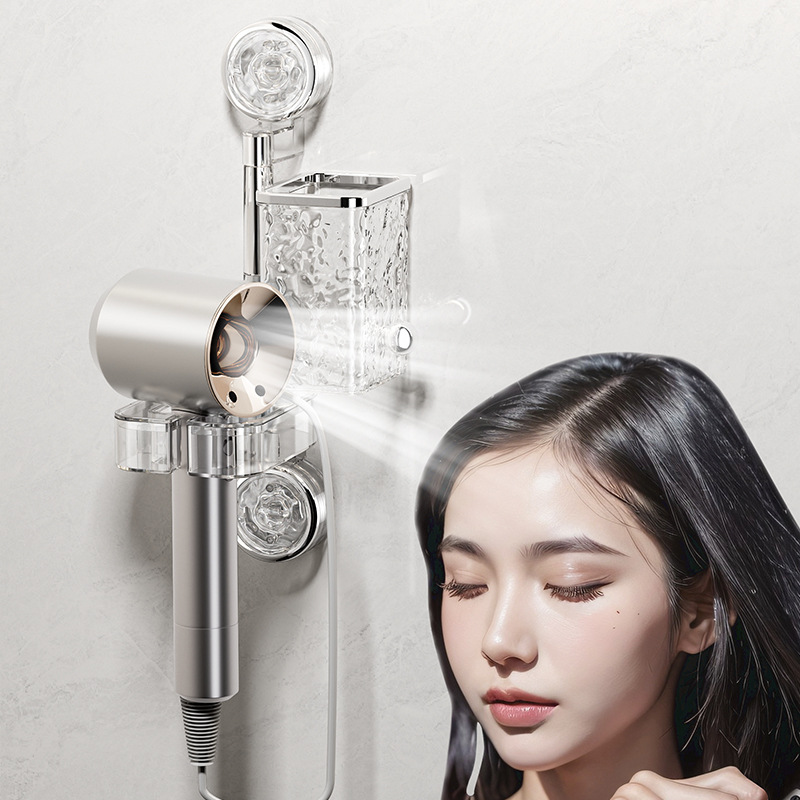 Soporte de secador de pelo con ventosa, sin perforación, secador de pelo giratorio multifuncional, soporte de conducto de aire montado en la pared del baño