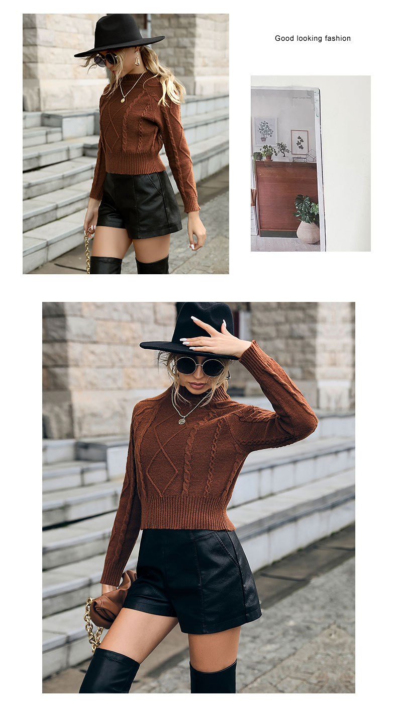 Einfarbiger, kurzer Strick-Twist-Pullover mit Rundhalsausschnitt_voghion.com