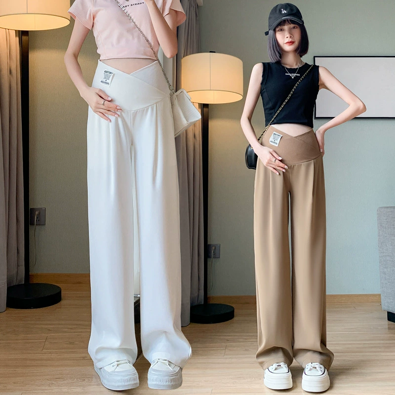 Настоящие штаны для беременных летом носить маленькие брюки из ледяной шелк широкие брюки с низкой талией и прямой трубочкой