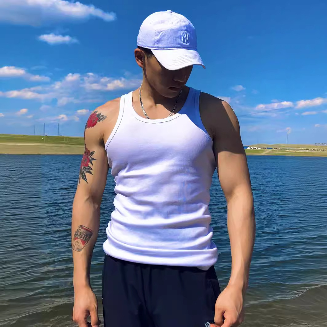 美式街头重磅背心男运动健身无袖T恤纯色百搭休闲打底衫粗螺纹2X2|ms