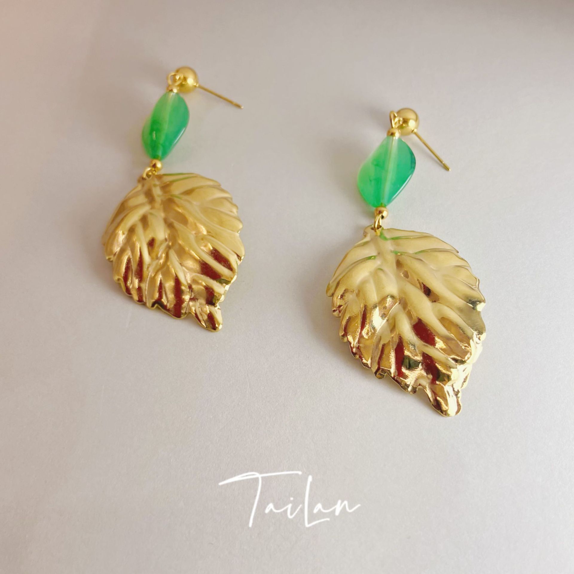 Retro Leaf Stainless Steel Inlay Agate Drop Earrings 1 Pair