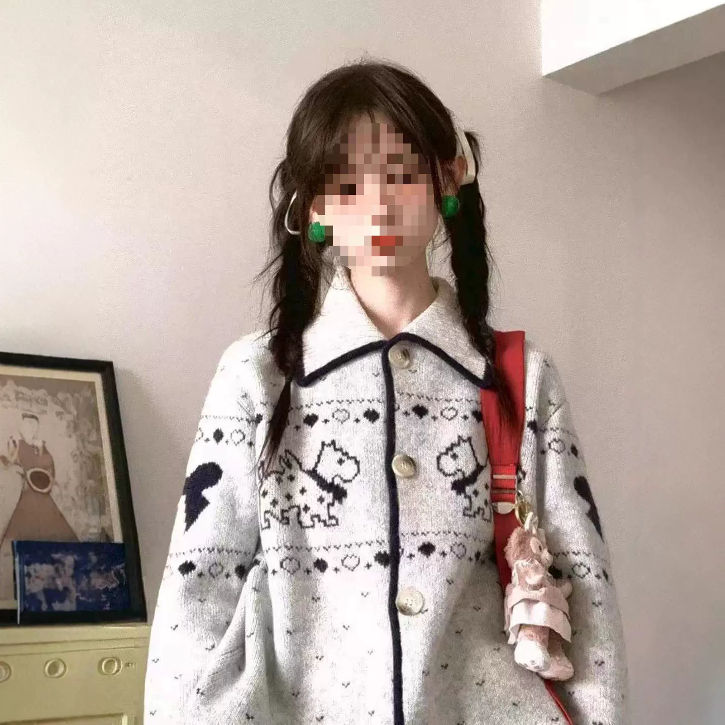 国潮牌秋季新款休闲百搭费尔岛针织开衫花纱小狗提花翻领毛衣外套