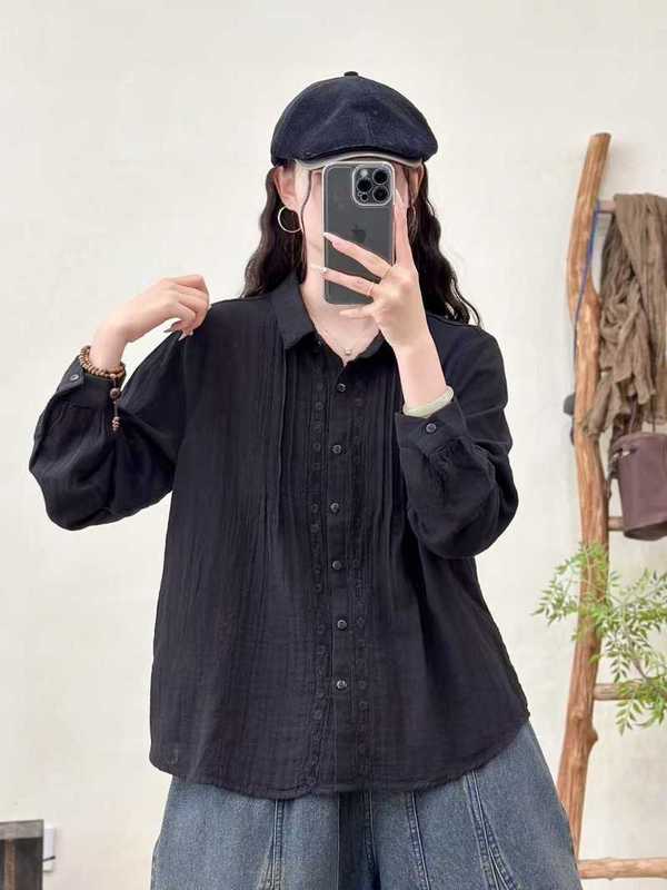 日系森女褶皱双层纱女士开衫长袖衬衫纯色上衣批发|undefined