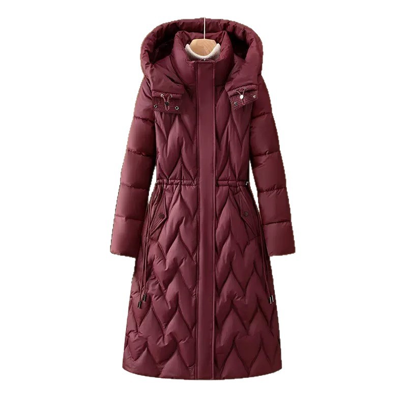 Women’s Knee-Length Down-Alternative Coat – Slim-Fit Belted Winter Parka (M-XXXL, Tailored Warmth, Commuter Chic, Black/Beige/Red/Brown)_voghion.com