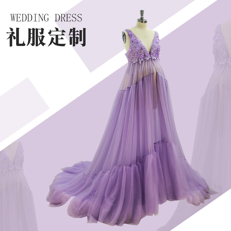 Customized Cross-Border Thin Mesh Maternity Long Skirt V Neck Lace Flower Elegant Skirt Dinner Party Dress