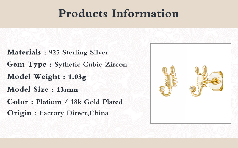 4g Weight 925 Sterling Silver Ear Needle Material 1 Pair 18K Gold Plated 925 Sterling Silver Zircon Scorpion Ear Studs