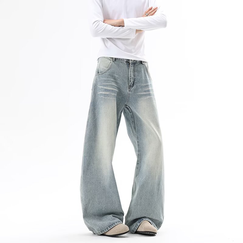 Vintage Washed Straight Leg Jeans For Men And Women, Comfort Fit Denim Trousers With Classic Whiskering, Retro High-Street Style_viptrois.com