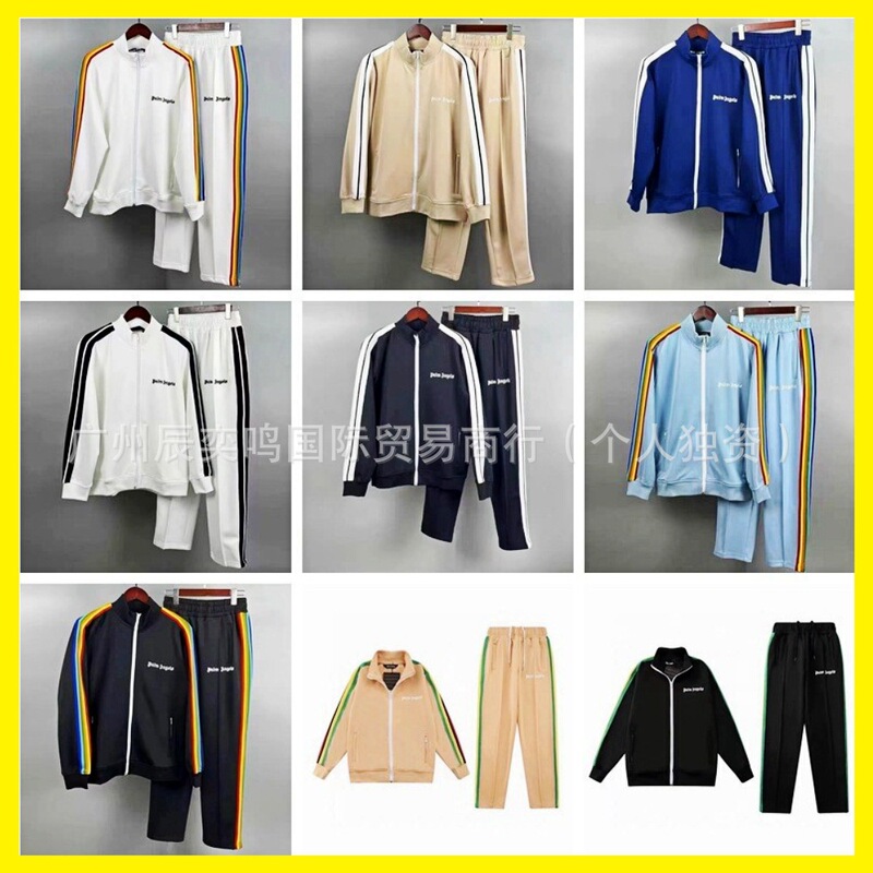 Large Stock Available】Pa Angel Trendy Brand Side Stripe Velvet Letter Zipper Palm Jacket and Pants Set for Men and Women